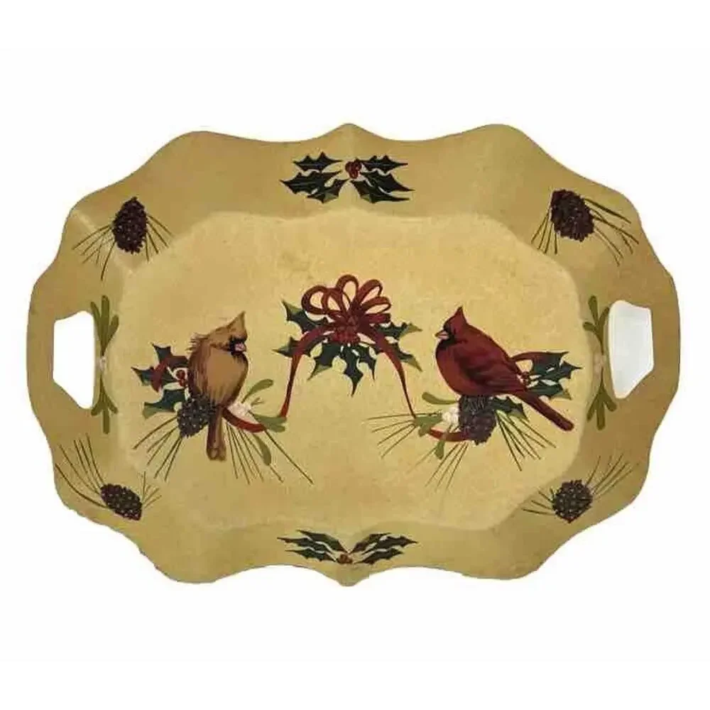 Lenox Winter Greetings Metal Tray Toleware Large 18 x 14 Rectangle Cardinal Bird